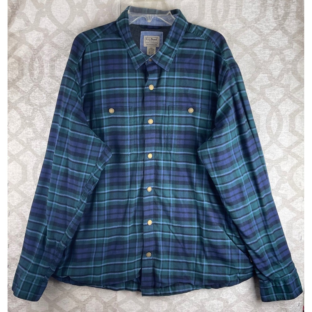 L.L.‎ Bean Traditional Fit Mens XL Green Plaid Snap Front Shirt Jacket Cotton